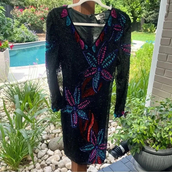 VINTAGE SILK CARINA SEQUIN Black Long Sleeve Shift Dress Beaded M - Picture 3 of 14